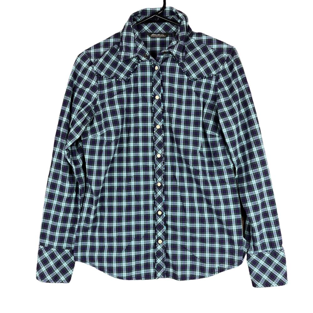 Eddie Bauer Womens Shirt Teal Purple Plaid Pearl Snap Western Exposed Stitch S